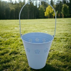 Blue Pail Bucket Tin Planter Gift Floral Cutouts Easter Spring Patio Garden